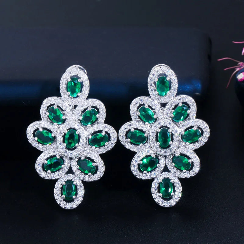 Fashion Luxury Green Cubic Zirconia Stone Flower Large Long Stud Earrings for Women Wedding Party Jewelry Accessories