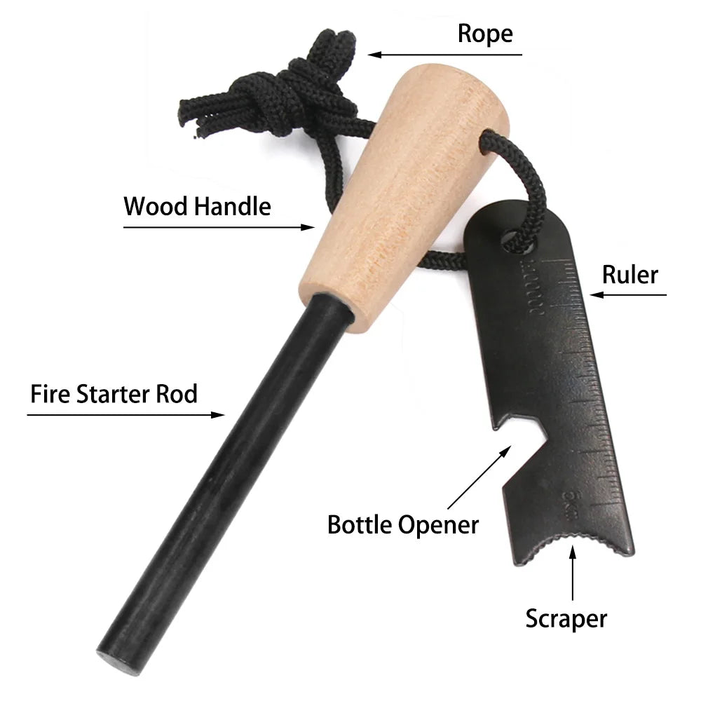 Spot Wholesale Portable Outdoor Flint Wilderness Survival Tools Magnesium Rod Fire Extinguisher Wooden Handle Fire Stick