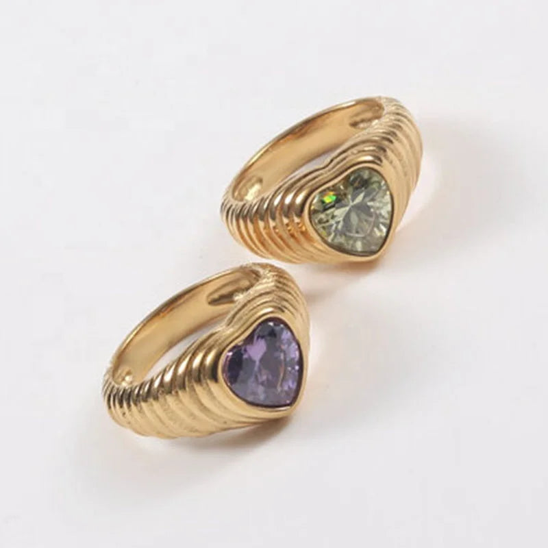 Hot Sale 18k Gold Plated Stainless Steel Women Fashion Dainty Jewelry Heart Shape Cubic Zircon Cz Bread Ring