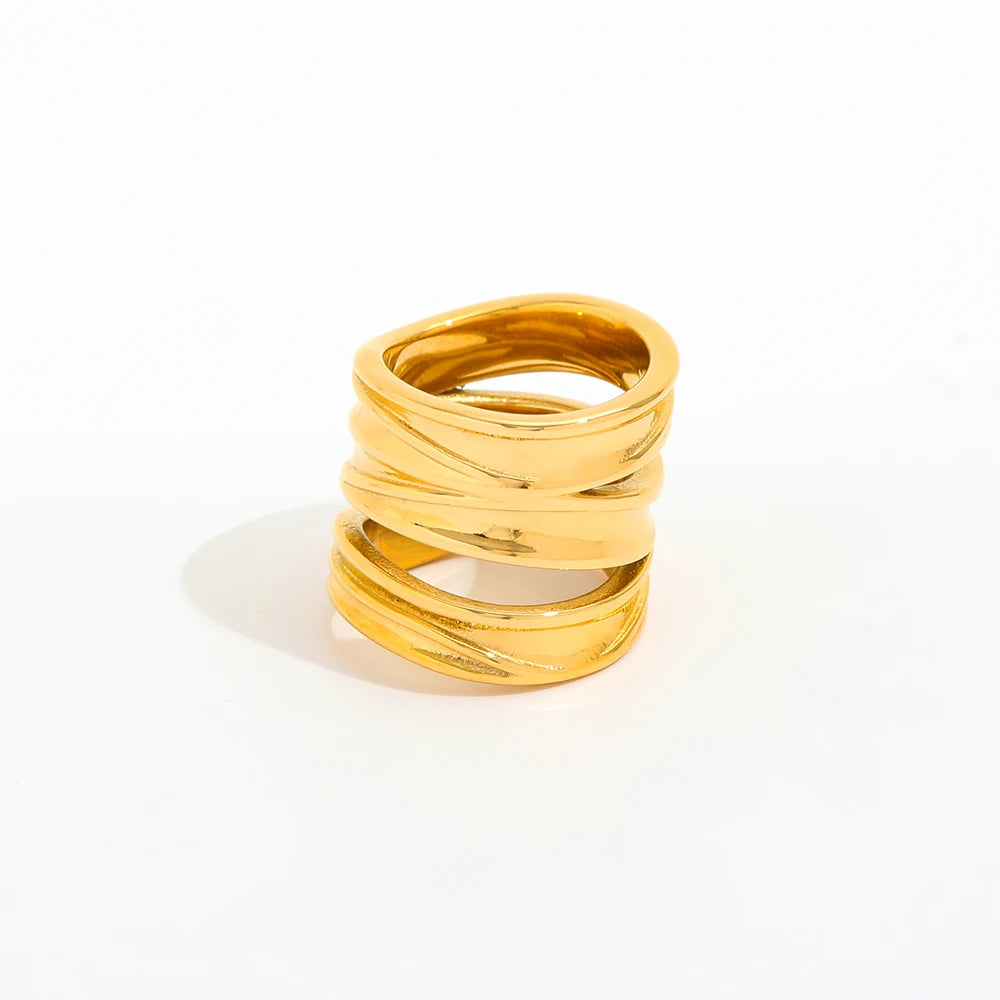 Tarnish Free High End 18K Gold Plated Multi-Layer Cross Statement Band Rings for Women Stainless Steel Jewelry