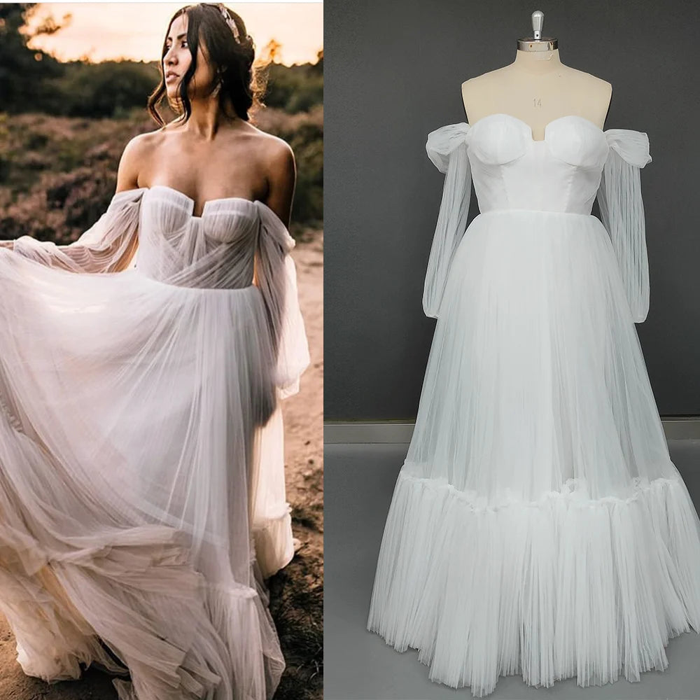 8867#A-Line Wedding Dresses Puffy Pleated Boho Strapless Soft Tulle Elegant Pleated Wedding Bridal Gown Bridal Gown Dress