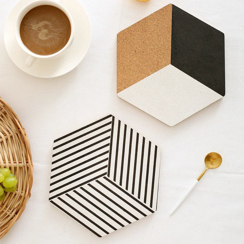 Hexagon Shaped Ceramic Coasters Good Quality Cork Table Mat Cup Pad and Mug Mat with Wooden Top