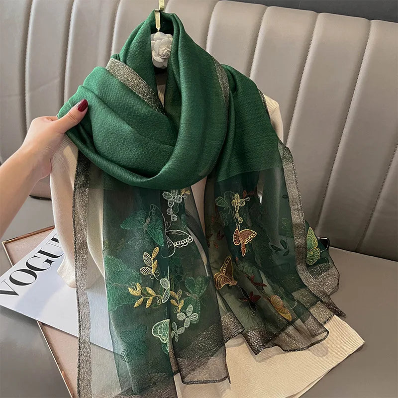 Newest Arrival Fashion Lightweight Silk Organza Shawls for Ladies Fashion Embroidery Butterfly Flower Pattern Silk Wool Scarfs