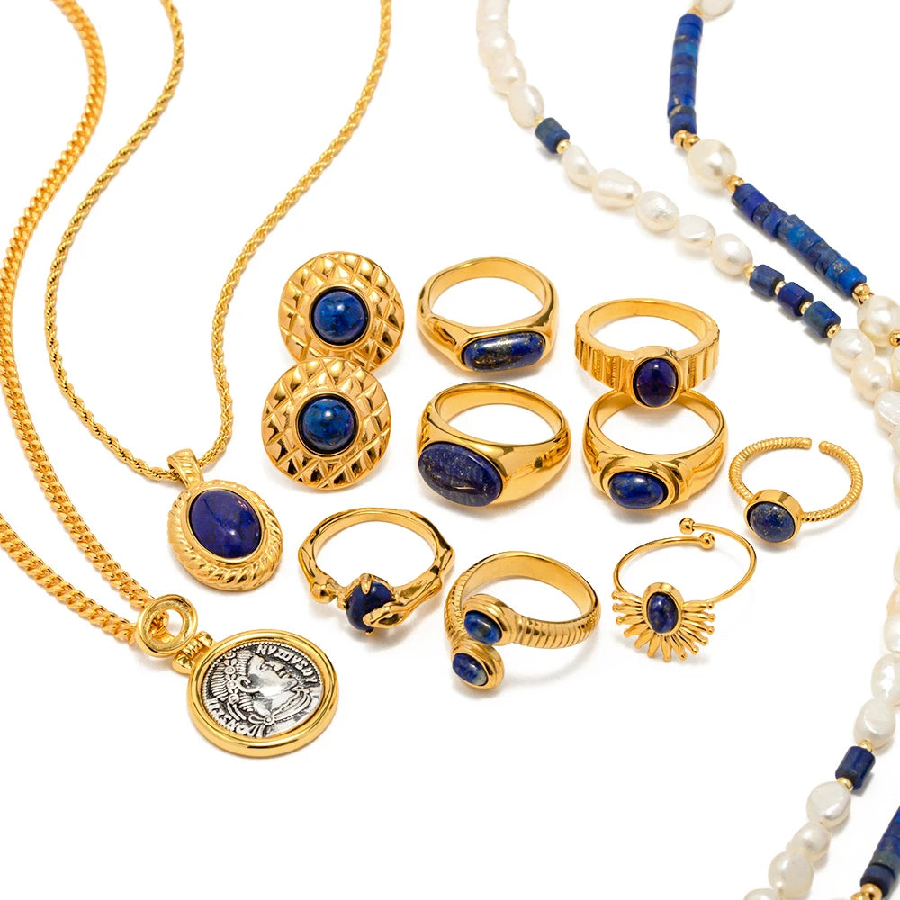 Waterproof 18k Gold Plated Stainless Steel Jewelry Exaggerate Opening Lapis Lazuli Rings for Women