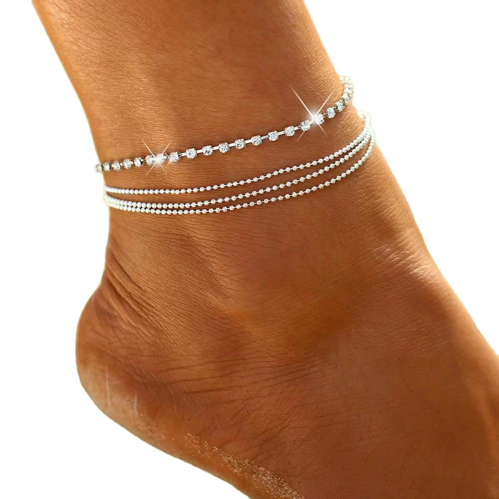 AA00814 Boho Layered Crystal Anklets Rhinestone Ankle Bracelets Chain Beach Foot Jewelry for Women and Girls