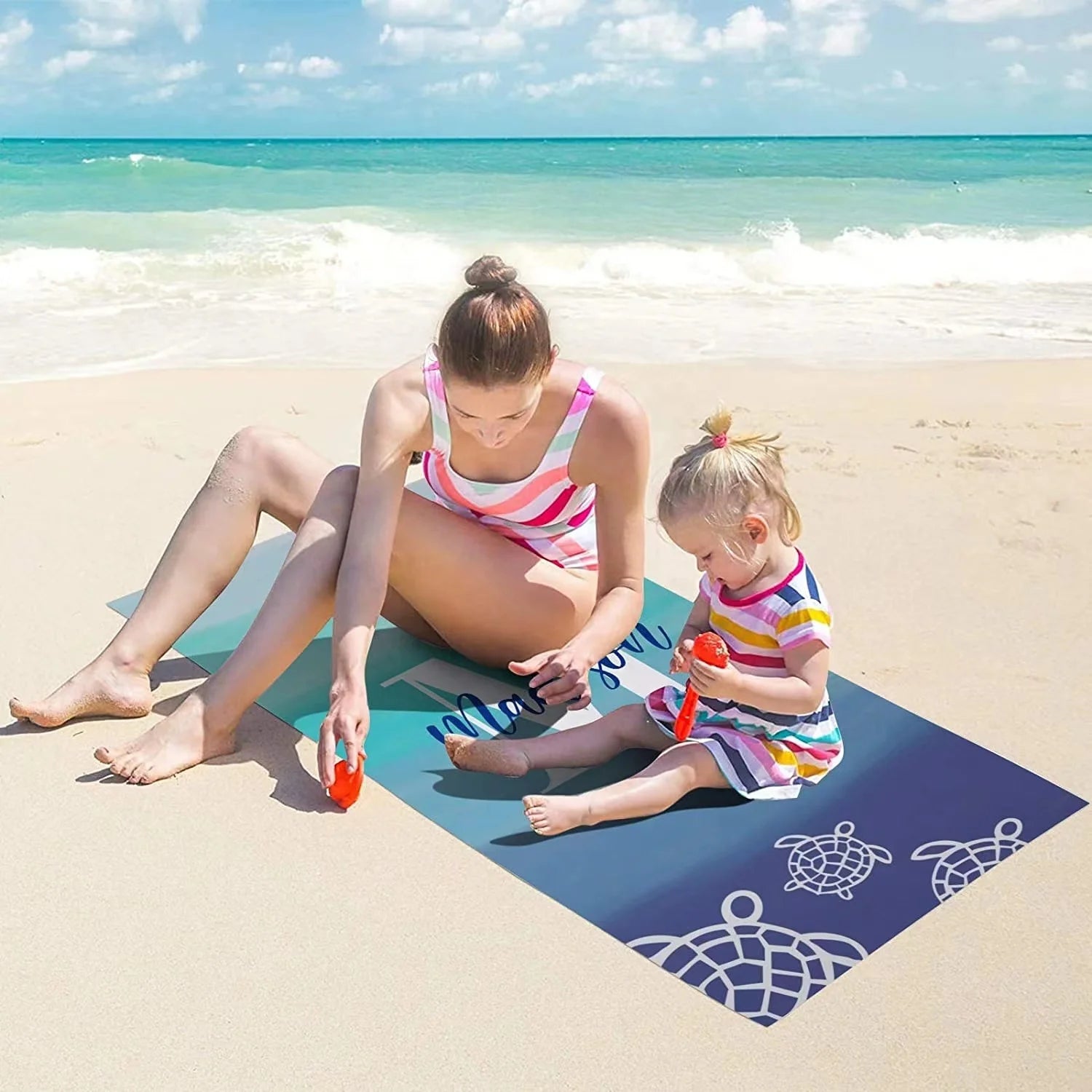 Custom Printed Personalized Sea Turtles Ocean Sand Free Recycled Microfiber Beach Towel for Kids Adults