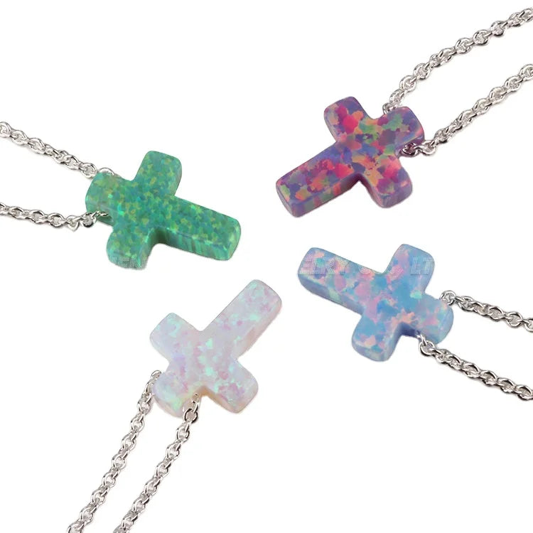 Popular 925 Silver Sterling Unisex Chain Plated Gold Synthetic Opal Jewelry Cross Blue White Charms Cross Necklace