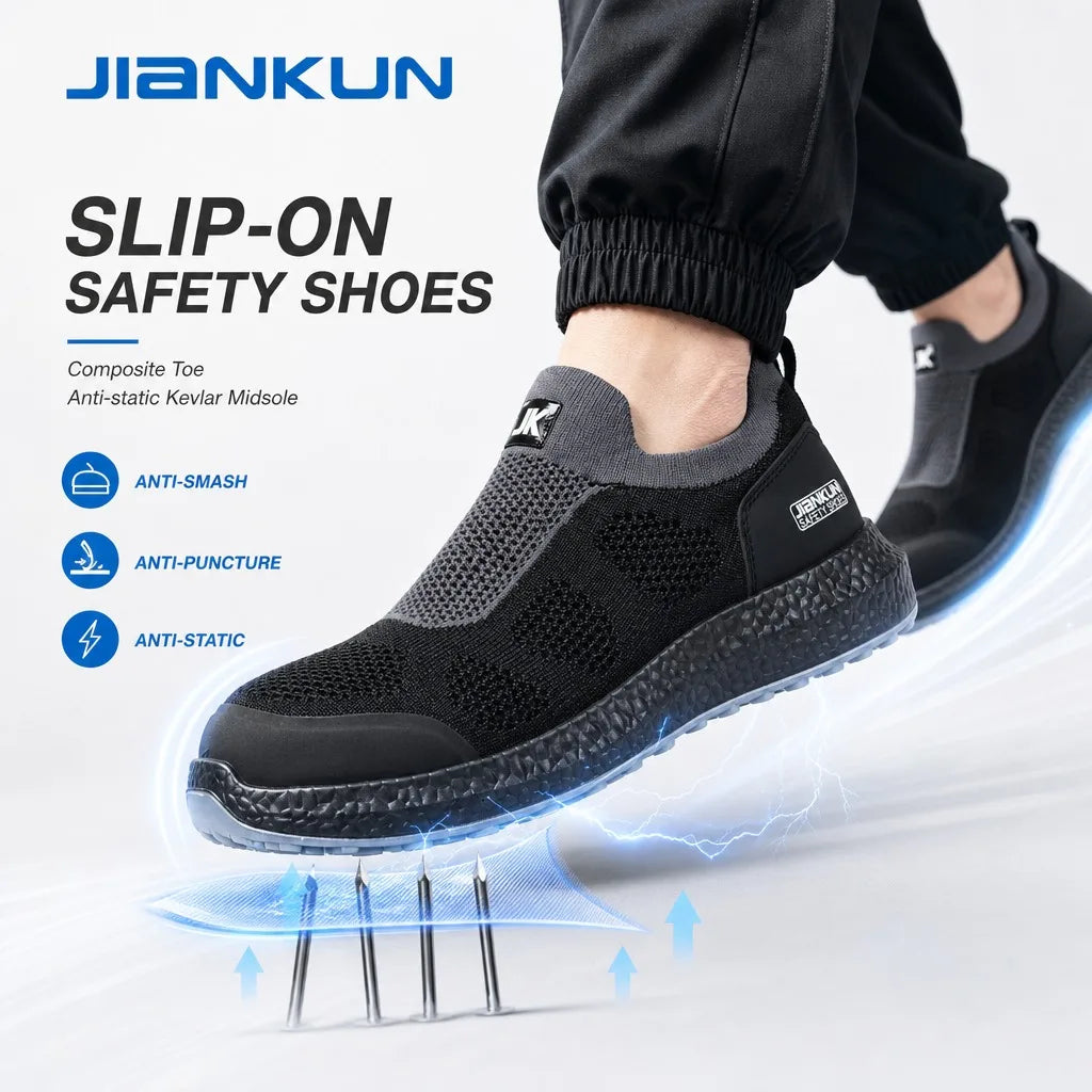 JIANKUN Lightweight Comfortable Fly-knitting Anti-Static Anti-Impact Safety Shoes Flexible Non-slip PU Work Shoes for Summer