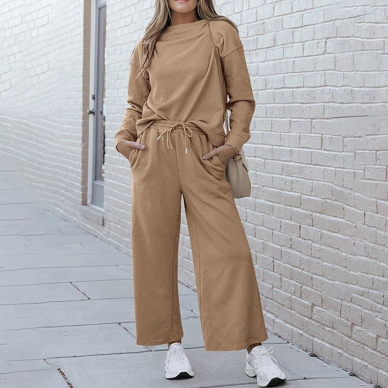 New Fashion Oversized Brown Jumper Sweater 100% Cotton Streetwear Crewneck Embossed Hoodie Set for Women Plus Size Winter