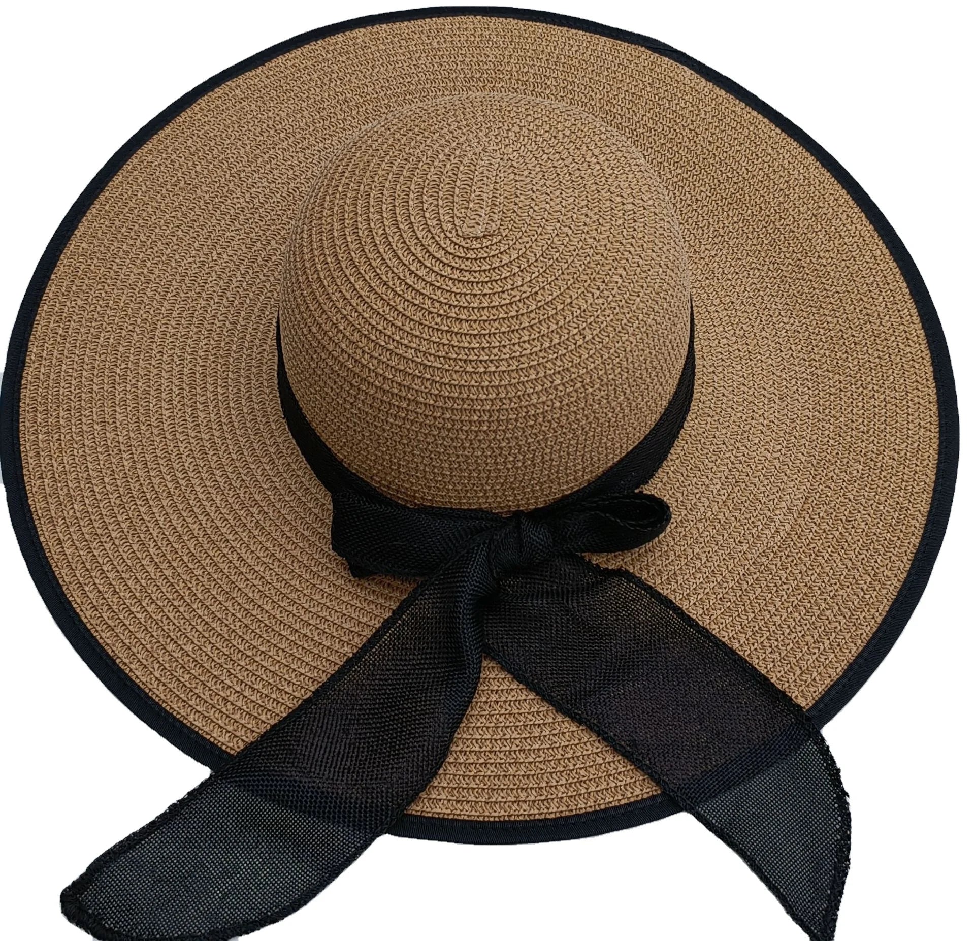 WoZhen Summer Foldable Bow Ribbon Woven Cap Ladies Fashion Straw Hat Big Brim