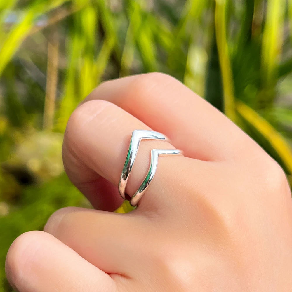 Simple Fine Jewelry 925 Sterling Silver Cool Punk Style V-shaped Opening Ring Double-layer Adjustable Ring for Women