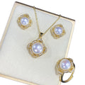 Christmas Gift High-grade Vintage 3D Flower Freshwater White Perfect Pearl Earring Necklace Ring 18k Gold Plated Jewelry Set