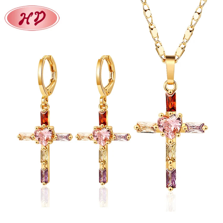 Wholesale Vintage Cross Religion Zircon Zircon 18K Gold Plated Women Jewelry Sets for Gift