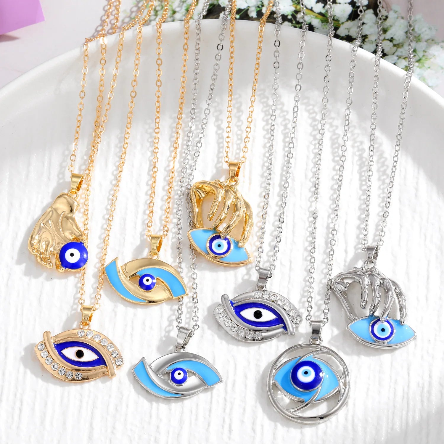 Jiingcan Crystal Fashion Jewelry Necklace  Gold and Silver Plated Evil Eye Design Sweater Chain Necklace
