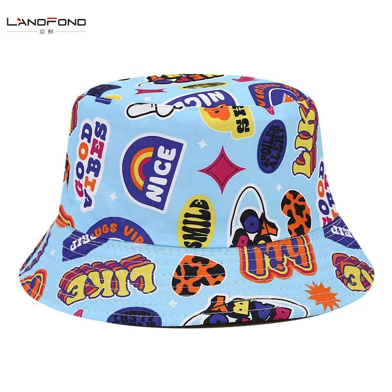 Landfond Cute Cartoon Pattern Wearing Bucket Hat Double Sided Outdoor Outing Student Couple Bucket Hat Cow Print Hat
