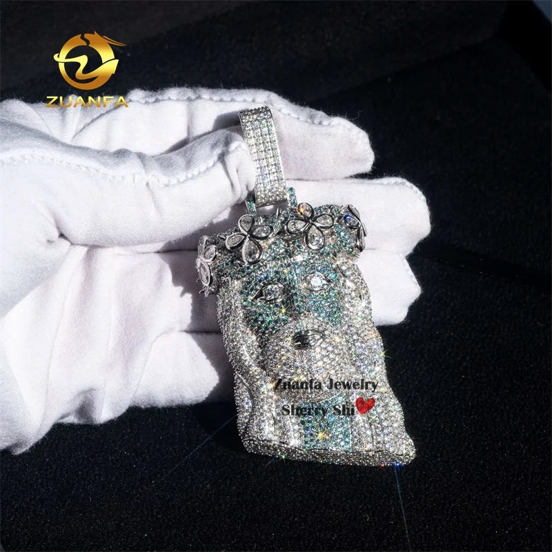 3D Design Hip Hop Rapper Jewelry Buss Down Sterling Silver Hip Hop Iced Out VVS White Mix Blue Moissanite Jesus Pendant