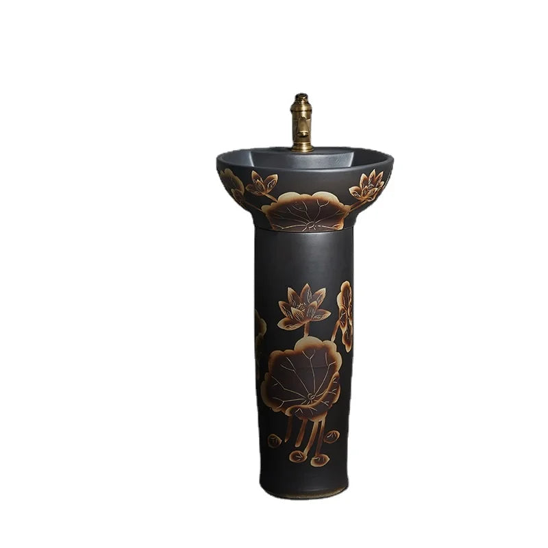 China Artistic Europe Style  hand painted lotus porcelain pedestal basin sink bathroom pedestal basin