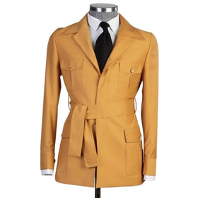 Unique Design Golden Men's Suit With Belt Turn Down Collar Safari Blazer Trousers Wedding Clothing 2pcs Jacket Pants Men's Sets