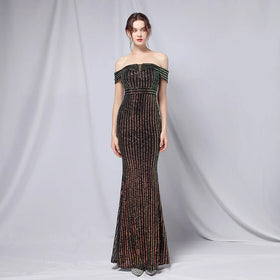 18763# Lady Elegant Banquet Annual Meeting Temperament Velvet Atmosphere Classic Letter Shoulder Fishtail Evening Dress