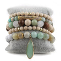 5pc Women 6810mm Beautiful Natural Amazonite Gemstone Wood Bead Bracelet Set Long Drop Glass Charm Elastic Stack Bracelets Set