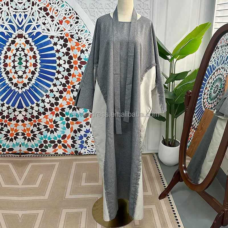 Habib Two Toned Frayed Polyester Linen Abaya Women Muslim Dress Wholesale Traditional Muslim Clothing