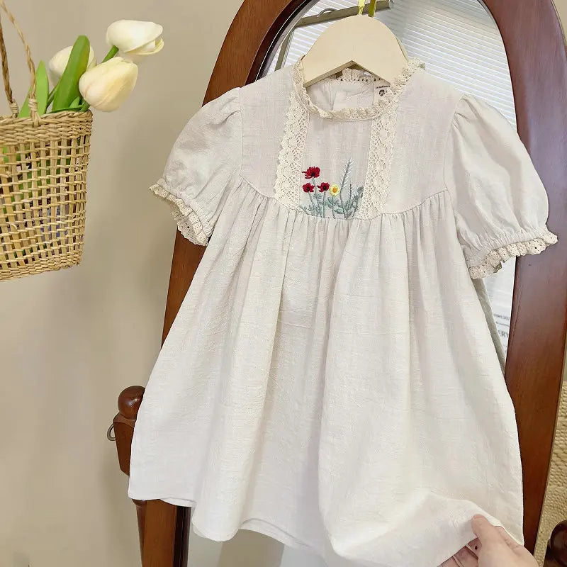 Girl Soft Cotton Linen Dresses Kids Puff Sleeve Lace Embroidery Dress Girls Summer Dress