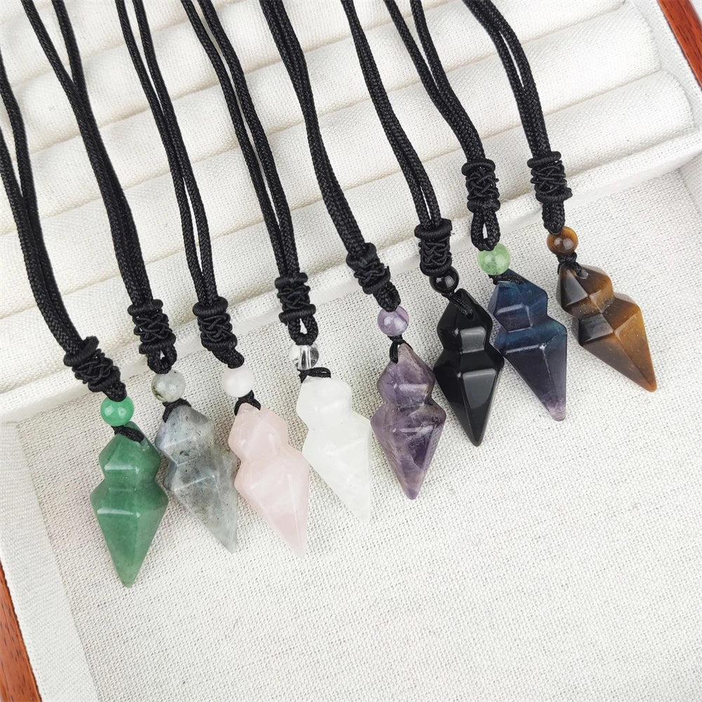 Wholesale Bulk Natural Stone Pendant Crystal Pointed Charms Rose Quartz Amethyst Labradorite Black Rope Necklace for Women Men