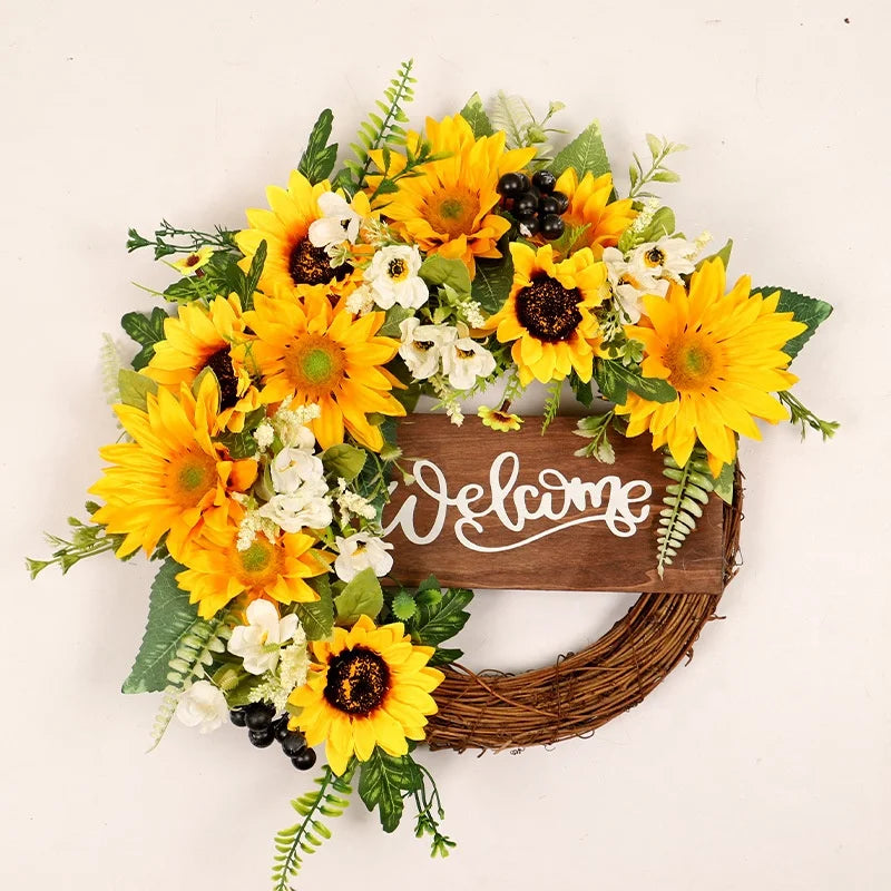 Wholesale New Rattan Silk Flower Sunflower Summer Outdoor Hanging 40x40cm Wreath Ornaments