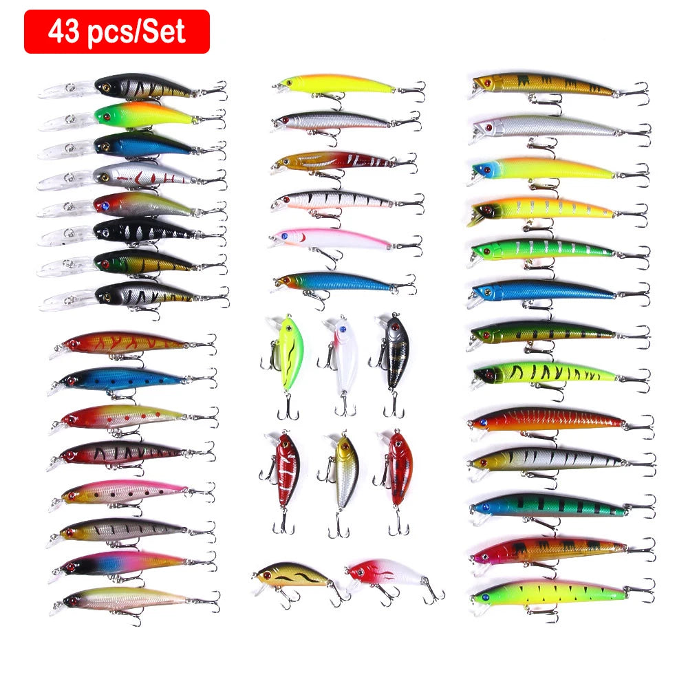 43PCS Mixed Fish Kit Minnow Wobblers Hard Bait Tackle Artificial Fishing Lure Set MegaBDM