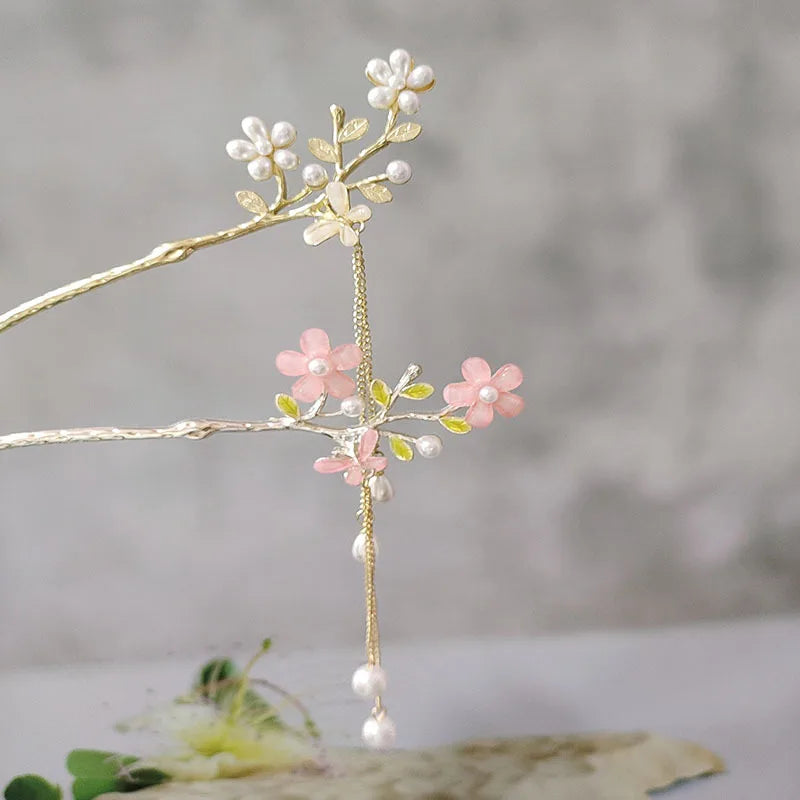 Chinese Style Pearl Flower Tassel Hairpin Hair Chopsticks Retro Crystal Wedding Bridal Hair Pin Handmade Luxury Clip Sticks