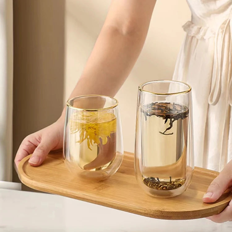 Double Wall Glass Cup With Golden Mouth Rim Glass Coffee Milk Juice Tea Cup With Golden Rim