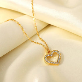Tarnish Free 18k Gold Plated Stainless Steel Chokers Necklace Fashion Hypoallergenic Hollow Out Zircon Heart Pendant Necklace