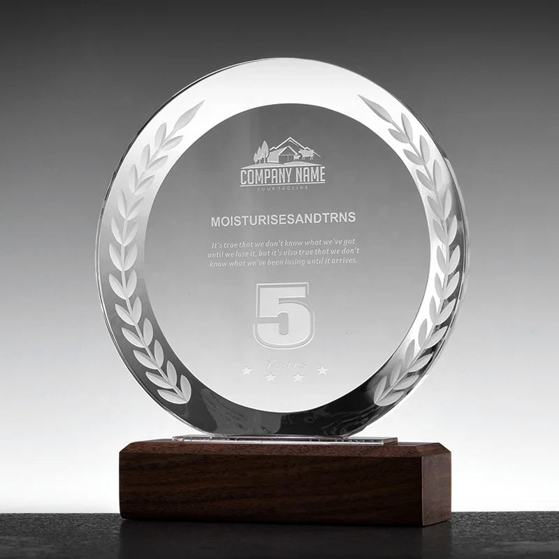 High Quality Glass Trophies With Wooden Base Custom 3D Engrave Round Shape Blank Crystal Award Trophy Plaque for Souvenir Gifts