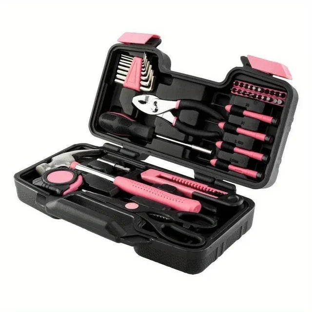 39pcs/Set Pink Color Car Auto Tool Tape Measure Claw Hammer Hex Key Scissors Household Repair Kit Hard Case OEM Mechanics Parts