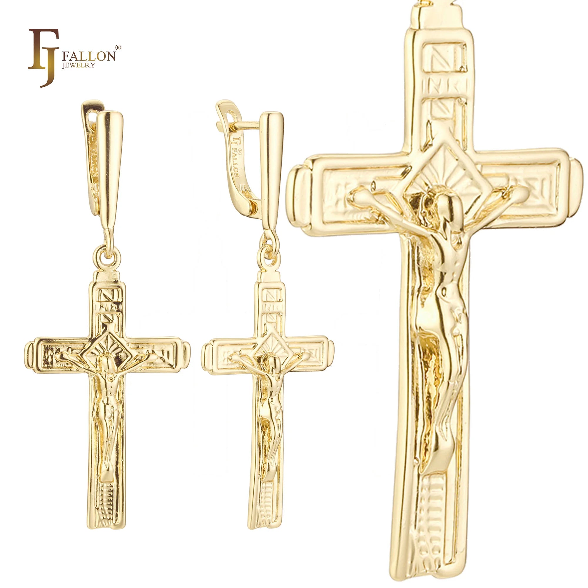 FJ Fallon Fashion Jewelry Crucifix Jesus Cross Drop Clip-On Earrings Plated in 14K Gold Brass Based