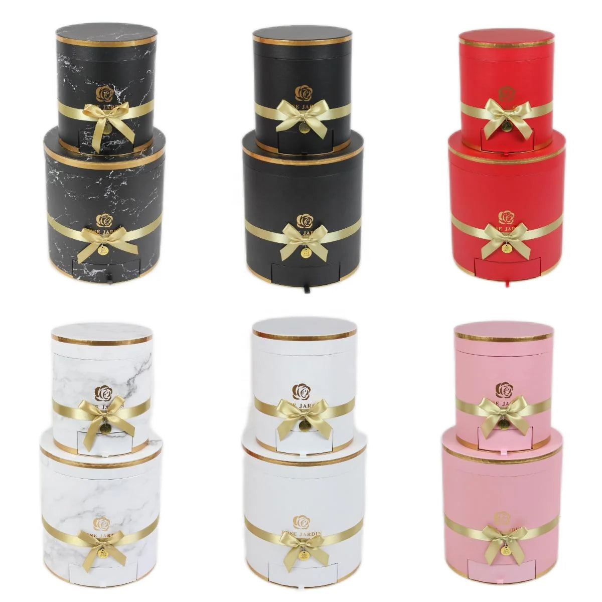 High-Quality Solid Color Bronzing Pattern Round Box Set 2 Gift Box Round Flower Packaging Flower Box With Drawer