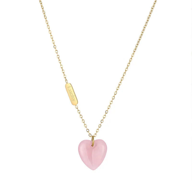 Europe Hot Selling Natural pink Agate Stone Pendant Jewelry pink Heart Stone Necklace Jewelry for Women