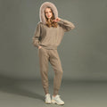 Cheaper Women Loose Knitted Suit Plain Sweater Suit for Women Faux Fur Collar Hoodie 2 Piece Set Sweater Suit