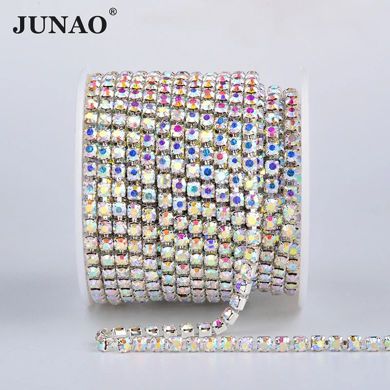 JUNAO Wholesale SS6 SS8 SS10 SS12 SS16 SS18 Sewing Met Al Trim Strass Crystal Sli Ver AB Glass Rhinestone Chain for Dress