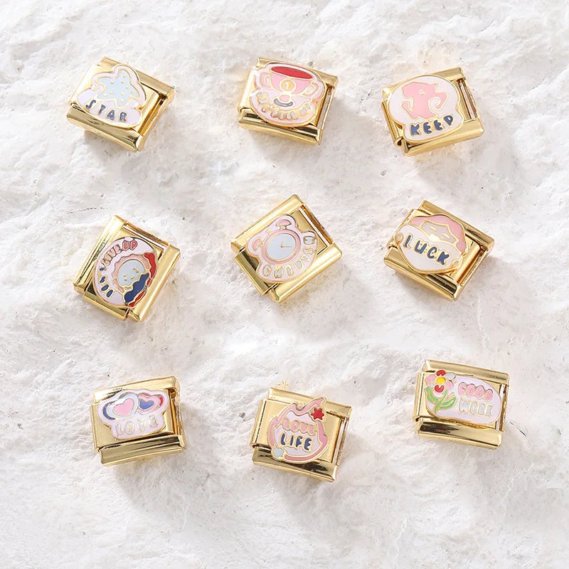 Italian Charm Bracelet New Stainless Steel DIY Module with Golden Drop Cartoon Accessories for Fashion Jewelry