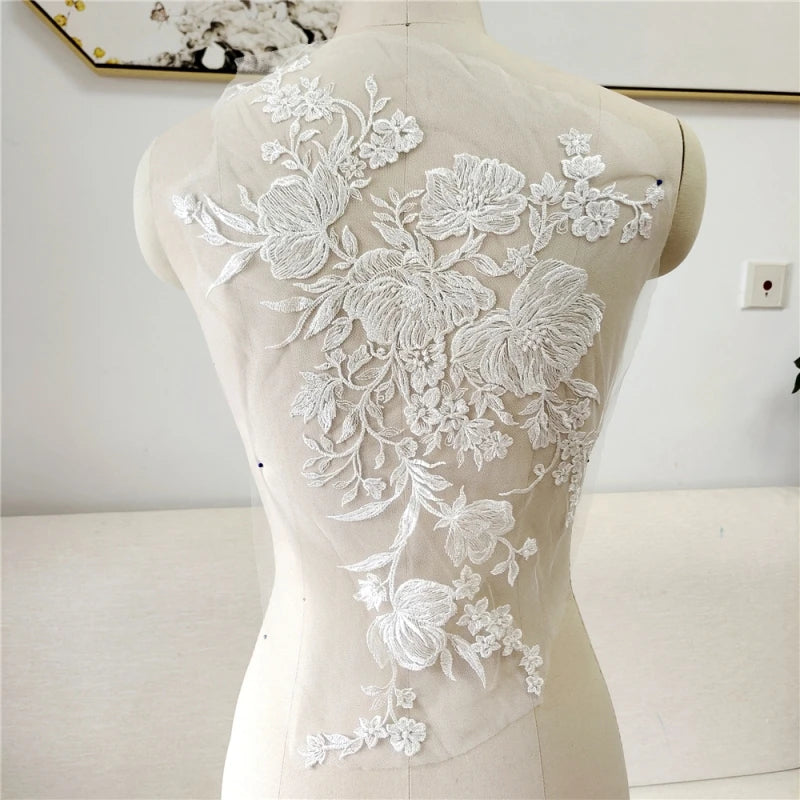 Embroidery French Tulle Lace Fabric Wedding Dress Gift Handmade DIY White Leaf Sequin Cheongsam Baby Dress Patch 100% Polyester