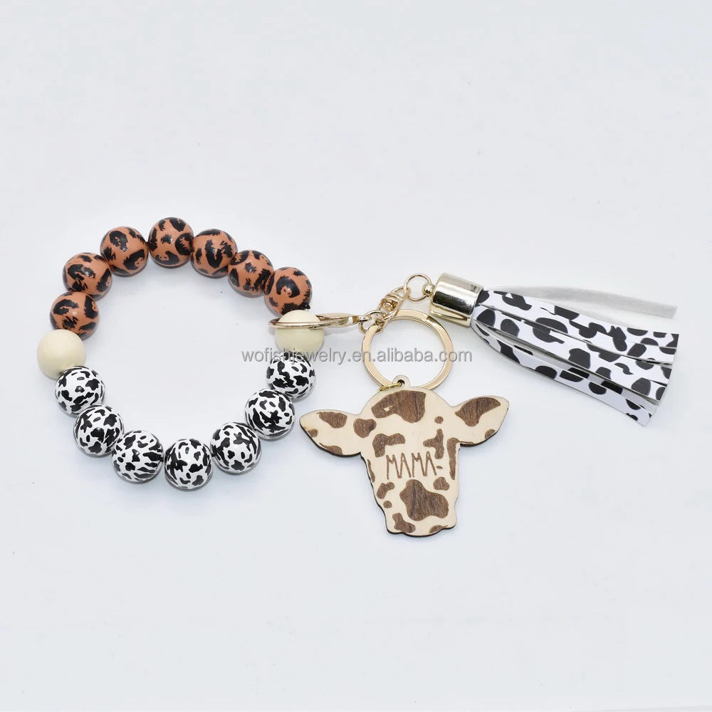 Western Style California Bison Head Shape Shiplap Wooden Engraved MAMA Wristlet Cow Patterns Wooden Beads Keychain Wristlet Boho