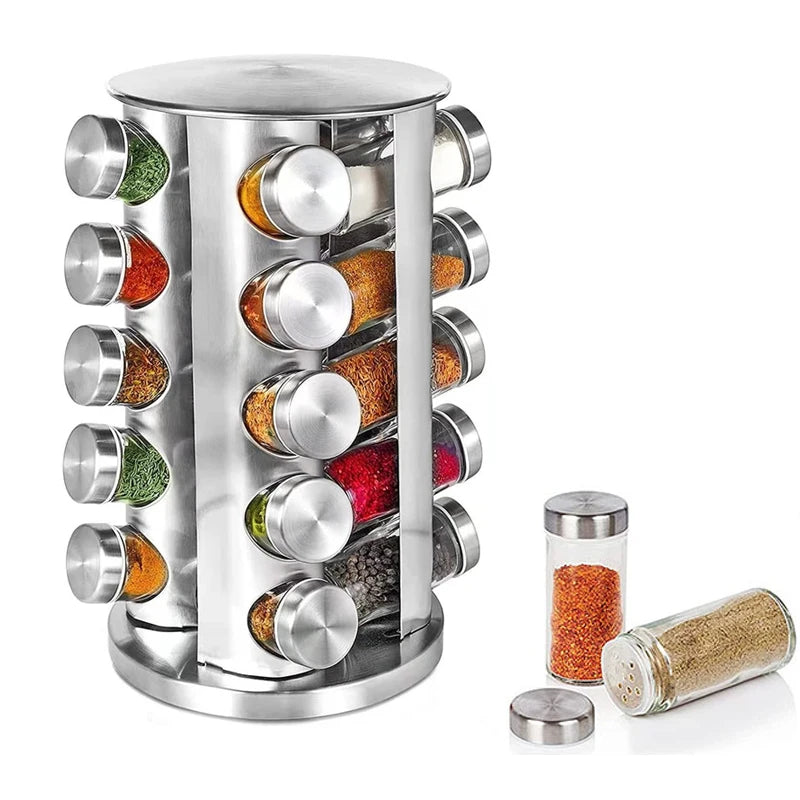 Rotating Seasoning Organizer Stainless Steel Spice Carousel for Kitchen Countertop Cabinet Revolving Spice Rack with Jars