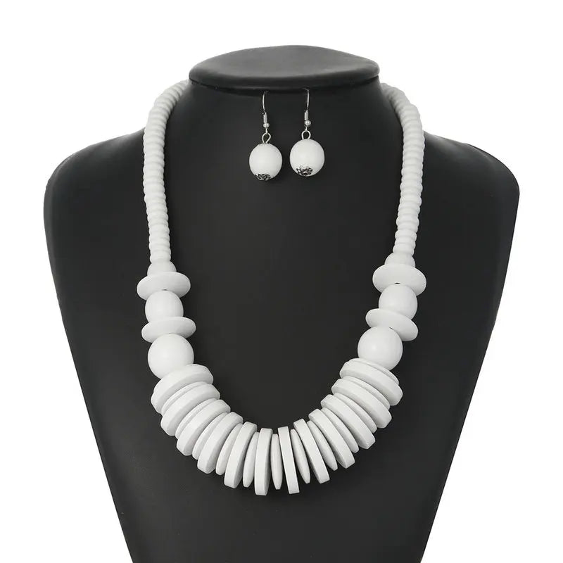 Geometric Wood Beads Necklace Earring Set African Style Choker Link Chain Exaggerated Sweater Jewelry for Women for Weddings