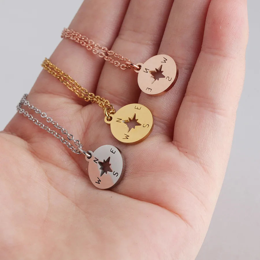 Fashion Non Tarnish 18K Gold Silver Rose Plated Stainless Steel Women Compass Pendant Necklace Jewelry