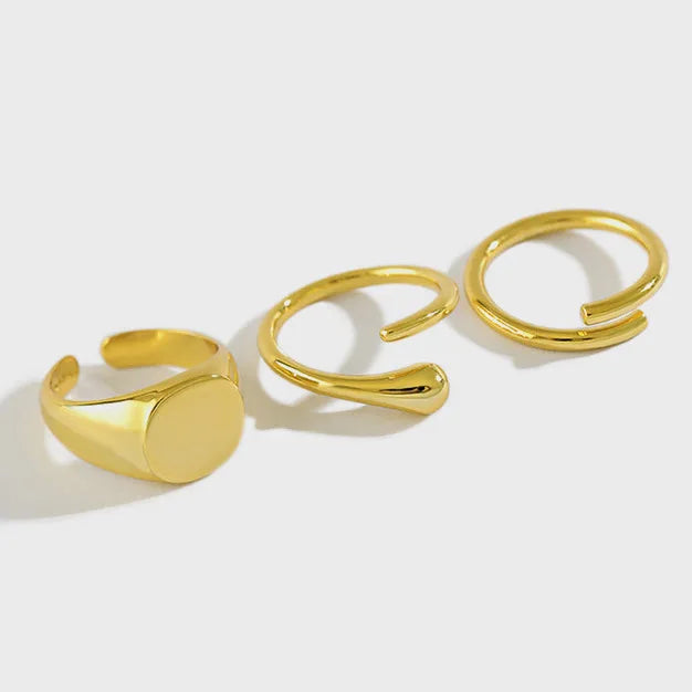 Simple Design Round Water Drop Open Adjustable 18K Gold Plated S925 Sterling Silver Smooth Rings for Women