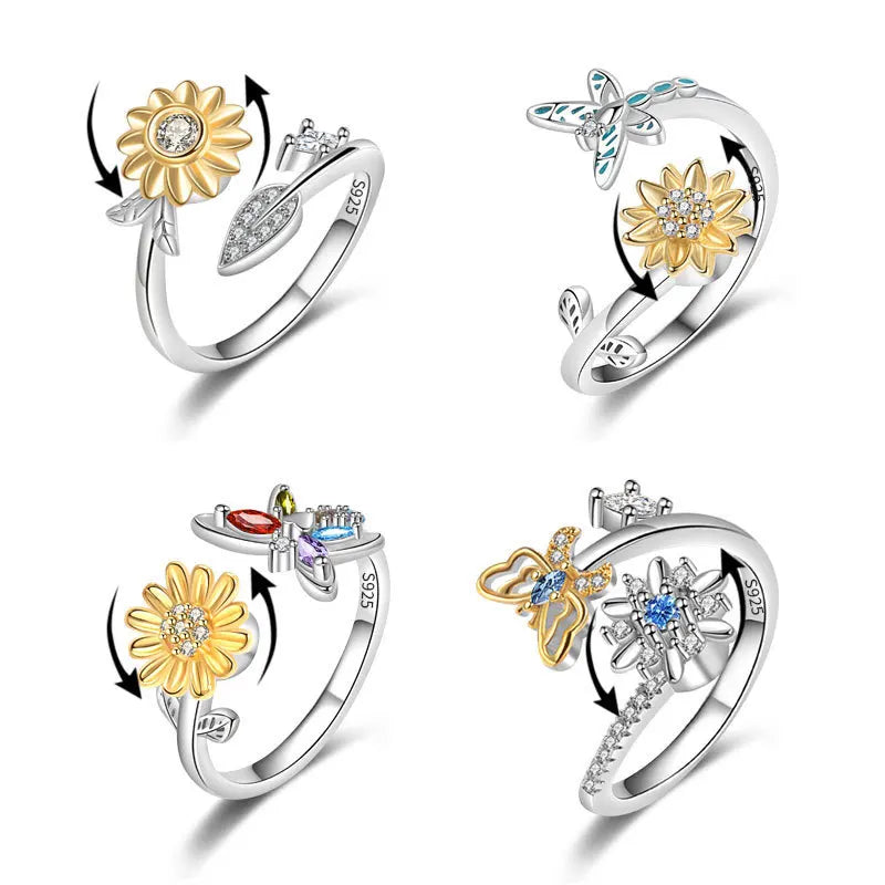 Daidan Spinning Ring Anxiety Rings Silver 925 Anillos Two Tone Antistress Jewelry Gold Plated Sunflower Spinner Butterfly Ring