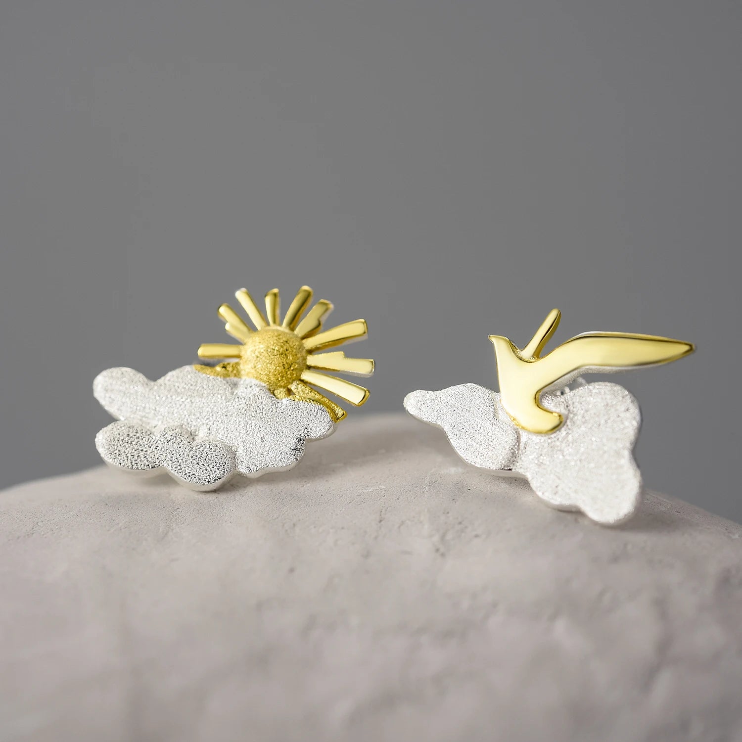 Lotus Fun Beautiful Sunrise Earrings Gold Sun and Bird Cloud Asymmetrical Pure 925 Sterling Silver Jewelry Original Design