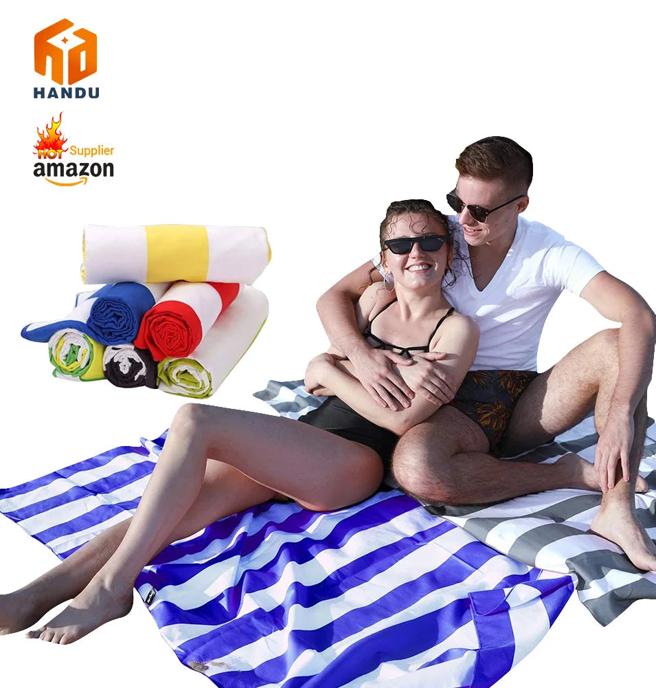 Custom Extra Large Microfiber Beach Towel Quick Dry Double Sided Stripe Travel Sand Free Surf Swimming Pool Wholesale Logo Bag