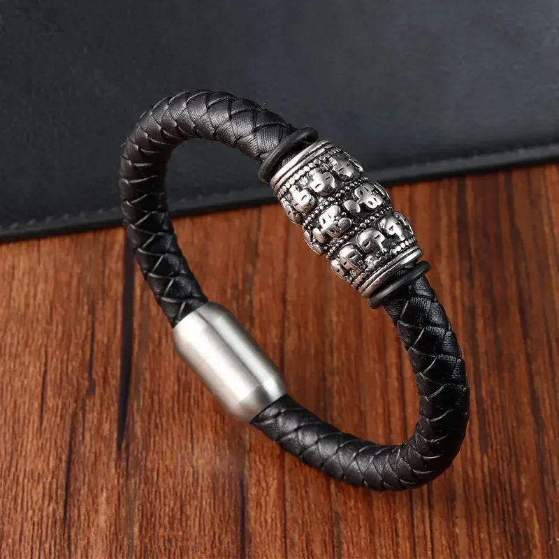 Hyperbole Style Jewelry Braided Leather Bracelet Stainless Steel Magnetic Clasp Vintage Genuine Leather Bracelet for Men OT-229